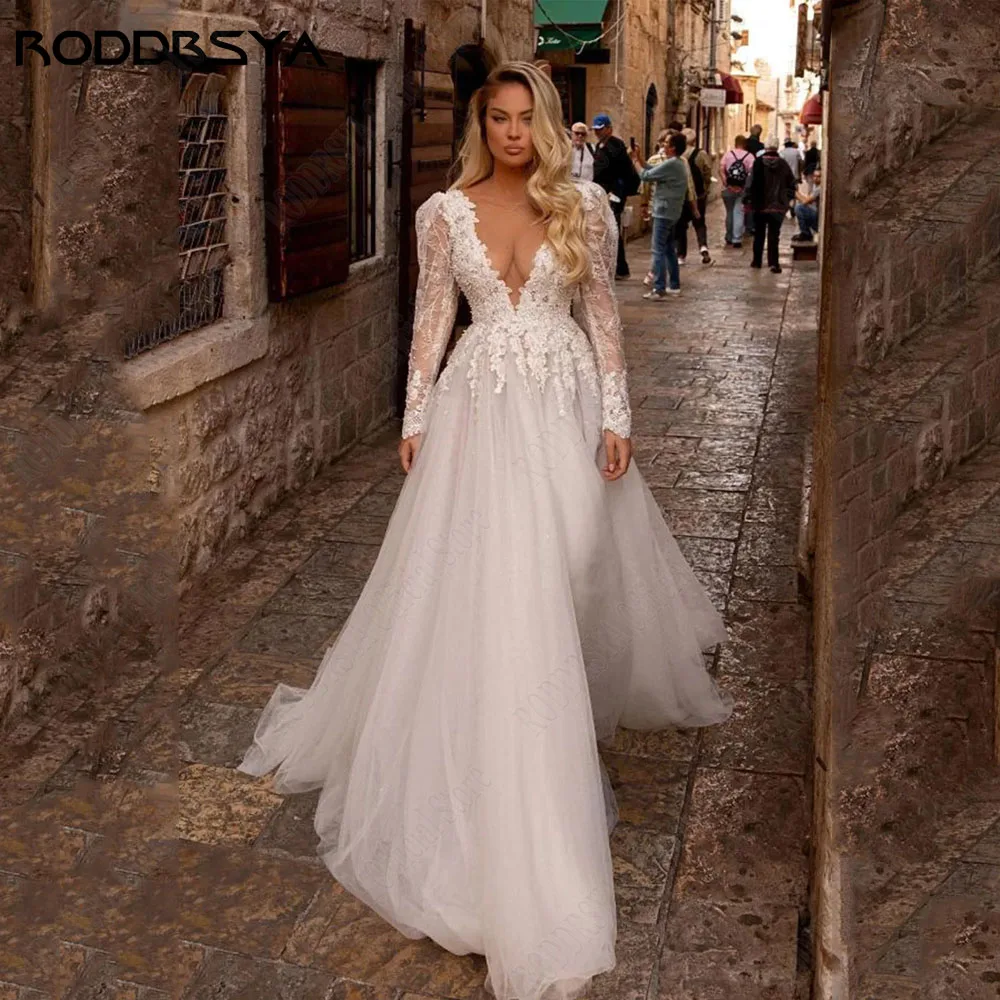

RODDRSYA A-Line Scoop Neck Wedding Dress Applique Long Sleeves Tulle Bridal Gowns Custom Made Beading Boho Vestidos de novia