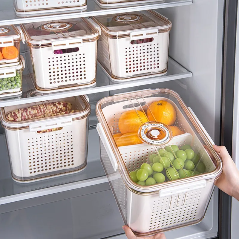 

Transparent Fridge Storage Box with PET Kitchen Draining Basket - Plastic Freezer Timer Sealable Container