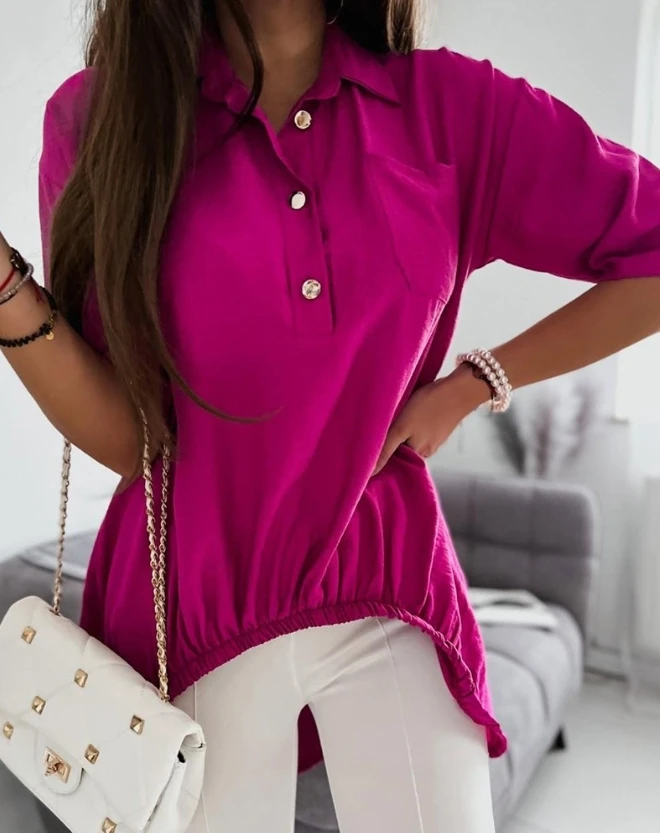 

Casual Shirt for Women Turn-Down Collar T-Shirt Spring Autumn Fashion Solid Color Long Sleeve Pocket Design Asymmetrical Hem Top