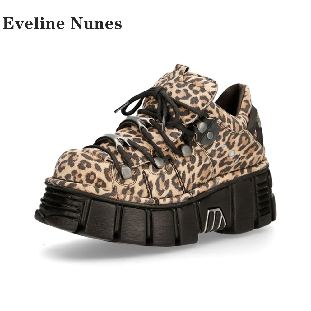 

Leopard Metal Decoration Women Pumps Round Toe Tank Soled Big Size Cross Tied Pantshoes Height Increasing Punk Motorcycle Shoes