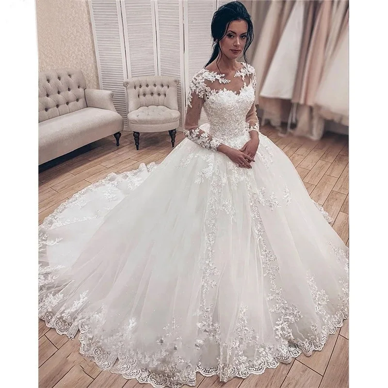 

Elegant Ball Gown Women Wedding Dresses Appliques Long Sleeves Court Train Bridal Gowns Formal Vestido De Noiva robe de mariée