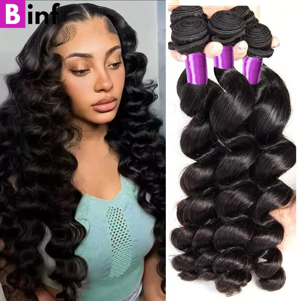 

BINF Loose Wave Bundles Human Hair Brazilian Weaving Natural Black 1 3 4 Bundles Deal Virgin Hair 30 40 Inch Raw Hair Extensions