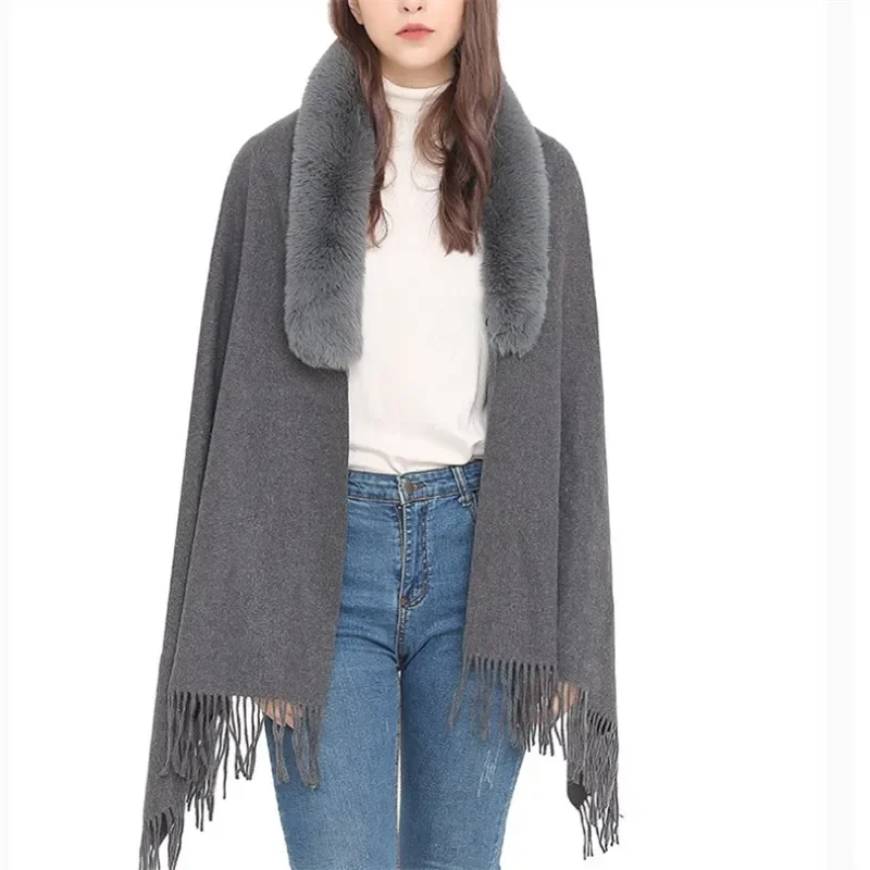 

Autumn Imitation Fur Collar Scarf Cape Winter Warm Women Scarf Shawl Dual Purpose Ponchos Lady Capes Cloak Gray Cardigan