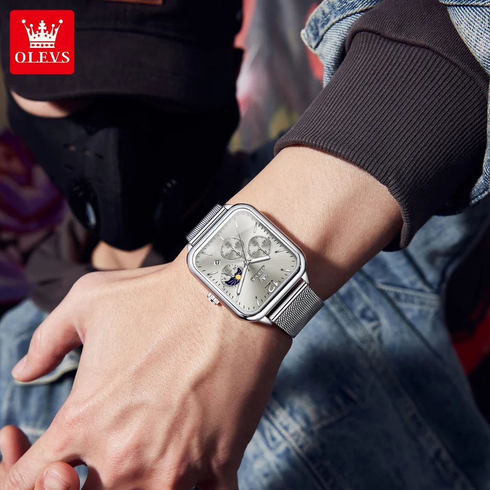OLEVS-Montre à Quartz Étanche pour Homme, Cadran Carré, Shoous, Phase de Lune, Date, Chronographe, Tendance, Mode Originale 3