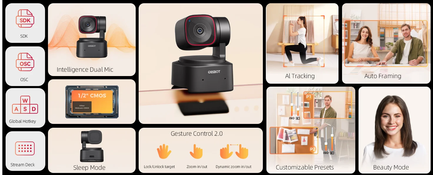 OBSBOT Tiny 2 Lite 4K Webcam – AI Tracking PTZ Streaming Camera with HDR & 60FPS OBSBOT Tiny 2 Lite 4K Webcam – AI Tracking PTZ Streaming Camera with HDR & 60FPS
