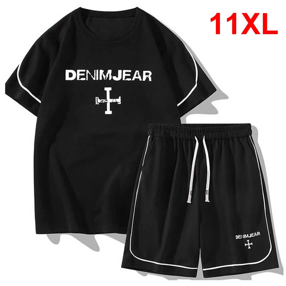 

Мужской летний спортивный костюм, черный комплект из футболки и шортов, большие размеры 10XL 11XL