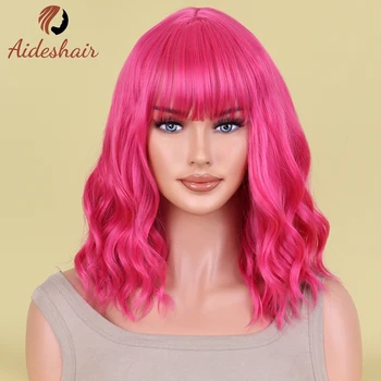 Aideshair 14 Inches Women Girls Short Curly Synthetic Wig with Bangs Lovely Pink