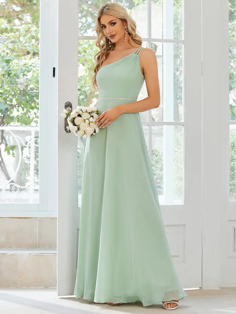 

Elegant Evening Dresses One Shoulder Beaded Hidden zipper Floor-Length Ever Pretty 2024 of A-line Mint Green Bridesmaid Dress