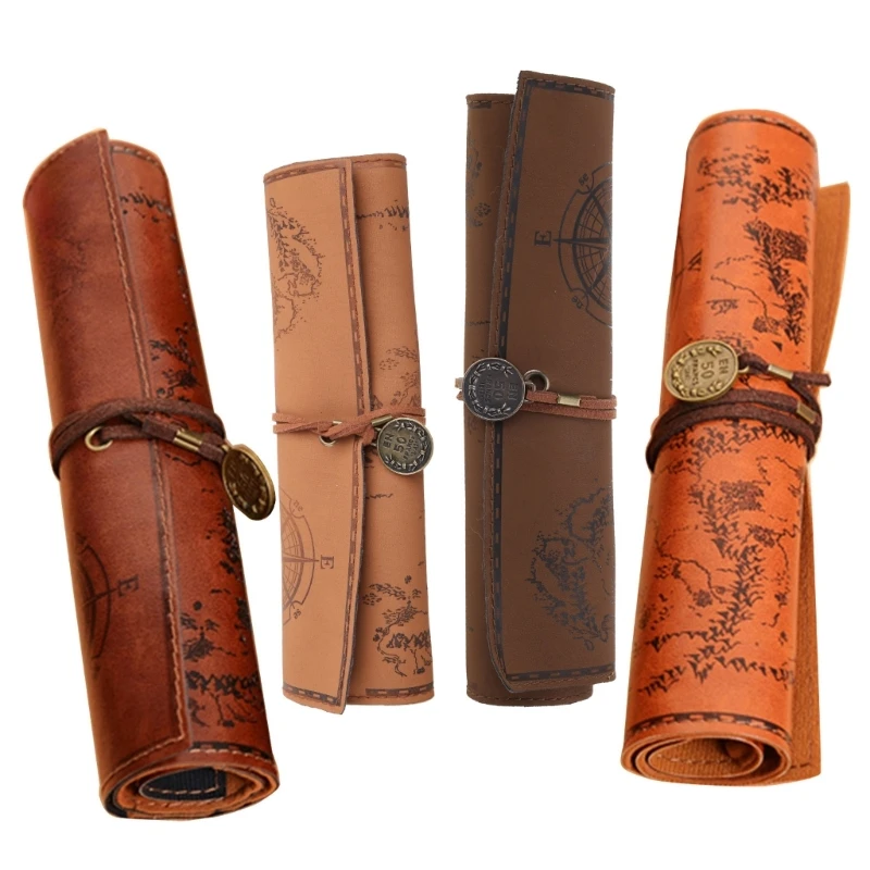 

Y1UB for Creative Roll Up Leather Pencil Pirate Treasure Map Pattern Pen for Case Makeup Brushes Holder for School Work