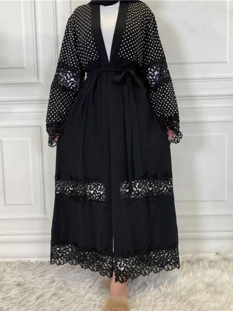 

Eid Muslim Abayas for Women Cardigan Kimono Lace Polka Dot Party Abaya Morocco Caftan Ramadan Islam Dubai Arab Long Robe 2024