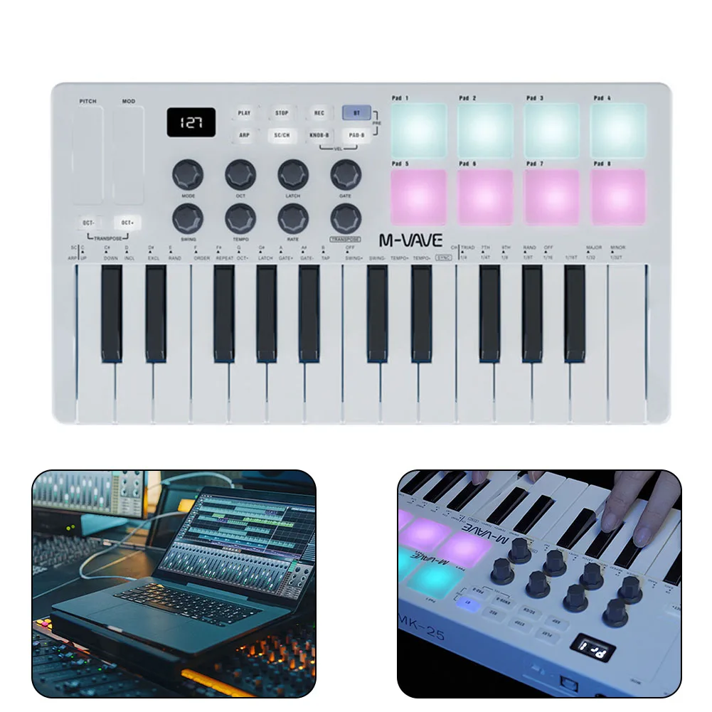 MIDI-контроллер с беспроводной функциональной батареей, портативные аксессуары для электрогитары с 25 чувствительными к скорости тонкими клавишами
MIDI-контроллер с беспроводной функциональной батареей, портативные аксессуары для электрогитары с 25 чувствительными к скорости тонкими клавишами