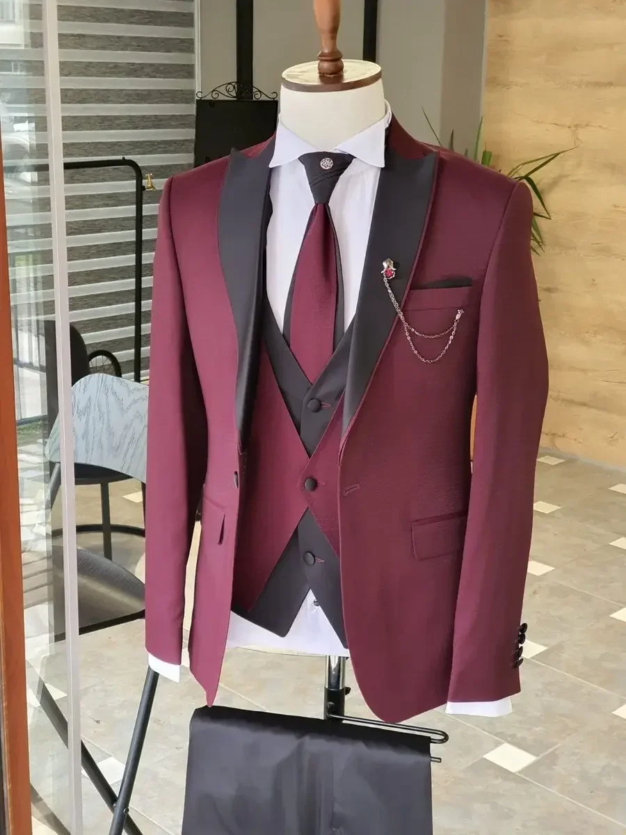 

Burgundy Jacket Black Pant England Men Suit Formal Wedding Groom Tuxedo Slim Fit Blazer Hombre High Quality Custom 3 Piece Set