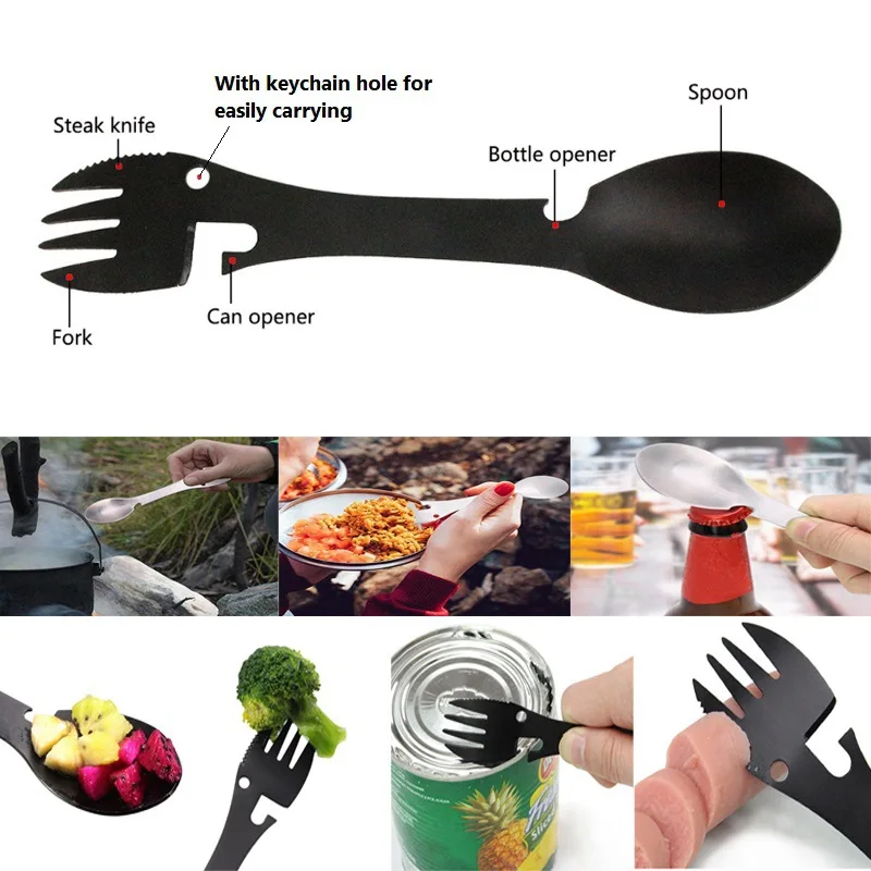 

5 in1 MultiTool Bottle Can Opener Spoon Cutlery Multitool Utensil Fork Tableware Camp Picnic Flatware Portable Spork