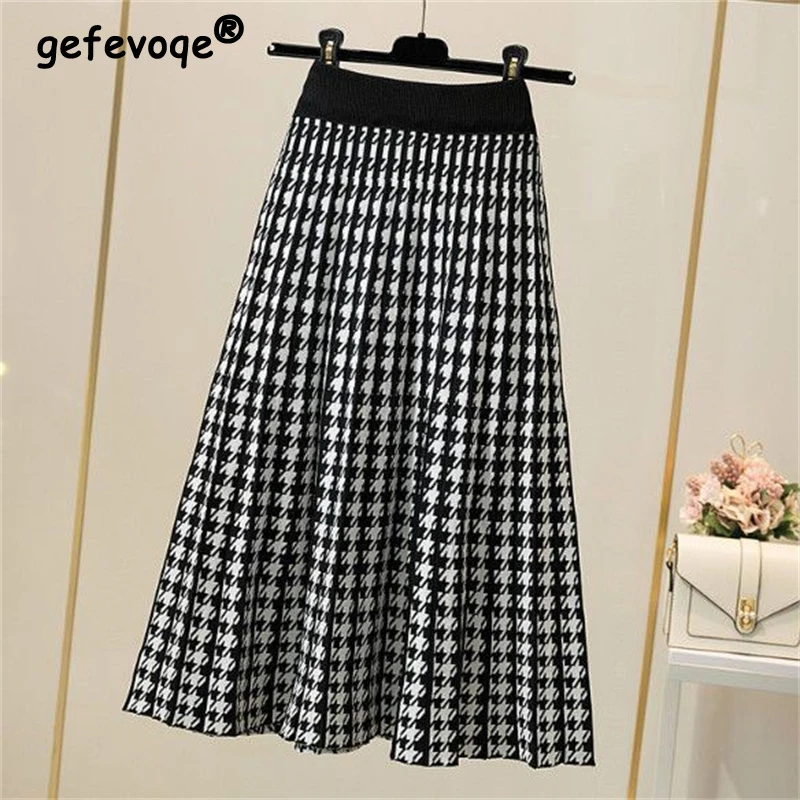 

Trendy Vintage Houndstooth Elegant Thick Knitted Midi Skirts for Women Autumn Winter Female Pleated High Waist Chic A-Line Skirt