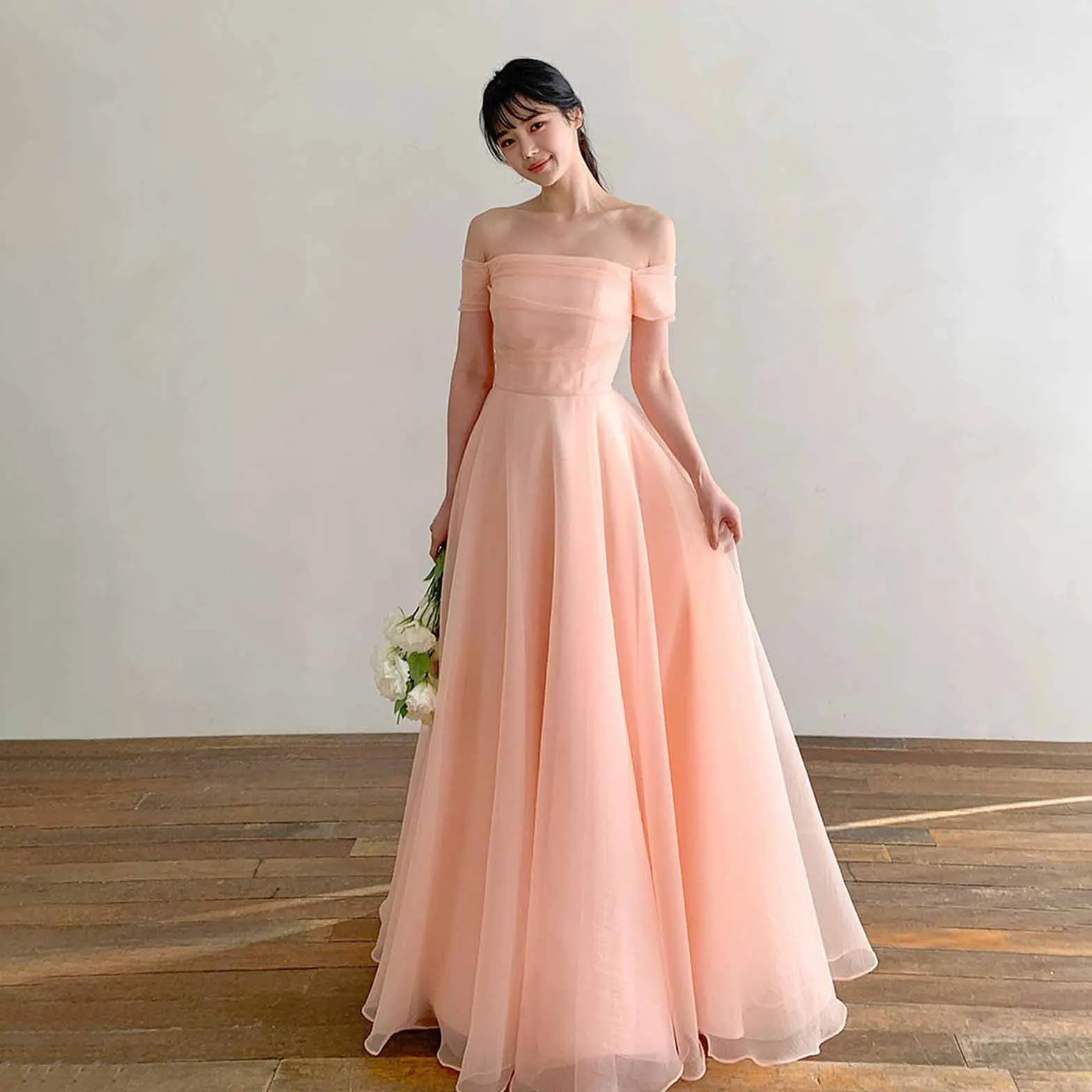 

GIOIO Off Shoulder Korea Garden Evening Dresses Pleat Sleeveless Formal 프롬드레스 Floor Length Elegant Prom Growns Party Women Bride