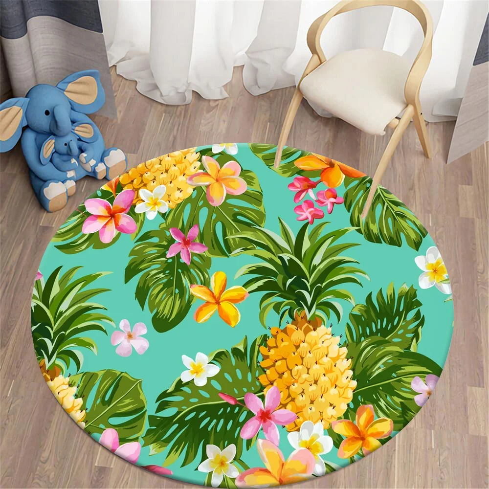 

HX Fashion Round Rug Tropical Plant Leaves Pineapple Frangipani Carpets for Living Room Flannel Area Rug Home Decor Alfombra