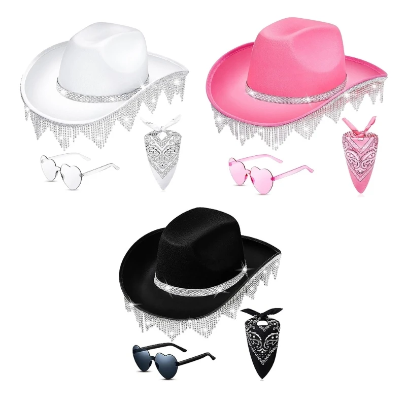 

Roleplay Cowboy Hats for Female WesternStyle Hat Headscarf Heart Sunglasses Bachelorettes Party Costume Decors