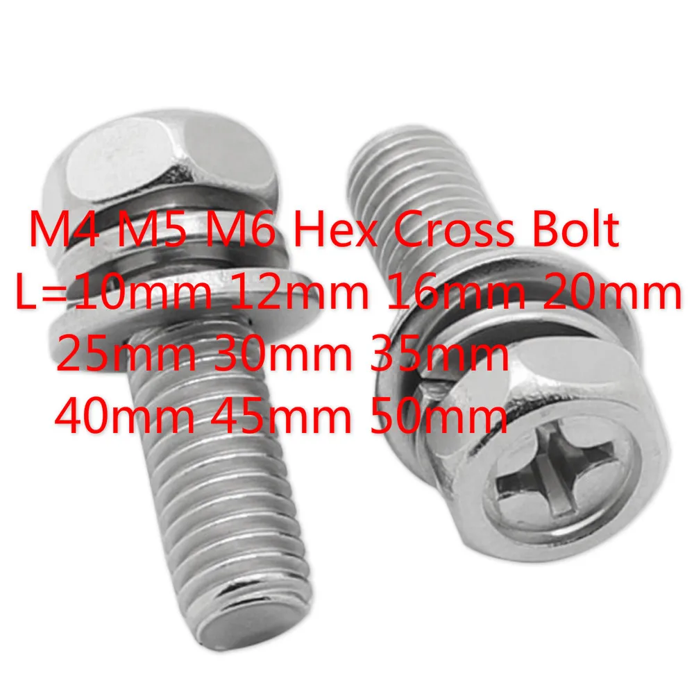 

40pcs M4 M5 M6 Hex Cross Bolt Phillips Head Hexagon Screws Flat Spring Washers 304 Stainless Steel L=10-50mm 16mm 30mm