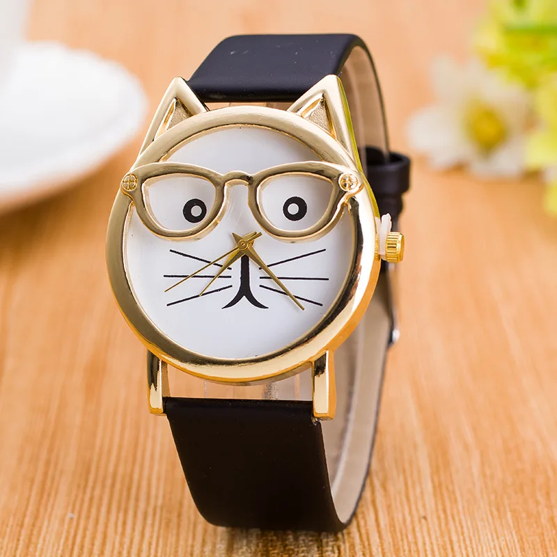 

Fashion Cute Glasses Cat Watch Women's Wristwatches Faux Leather Band Quartz Watches Ladies Gils Gift Montre Femme Reloj Mujer