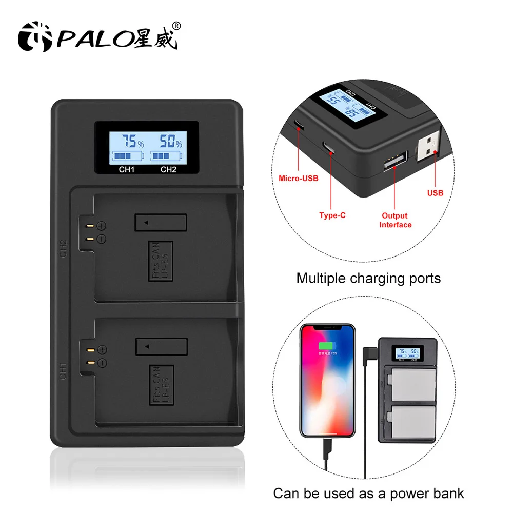 

Palo LP-E5 LP E5 LPE5 Battery Charger LCD USB Dual Smart Charger for Canon EOS Rebel XS T1i XSi 1000D 500D 450D Kiss X3 X2