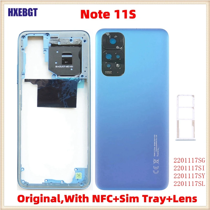 

Original For Xiaomi Redmi Note 11S Middle Frame With NFC + Back Door Cover + Camera Lens + Sim tray Smartphone Repair Parts