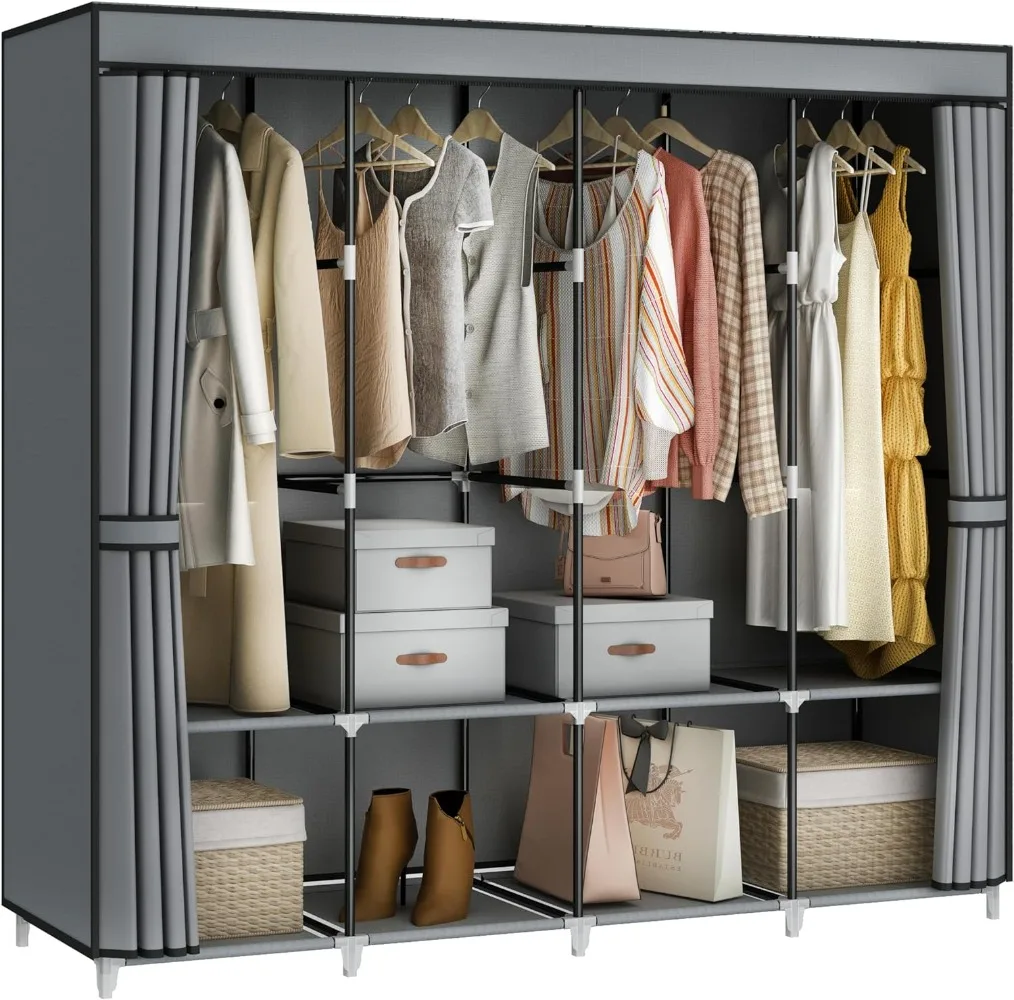 

67 Inch Large Capacity Portable Closet Wardrobe with Non-Woven Fabric Cover, 4 Hanging Rods, 8 Shelves - Grey Clothes Storage