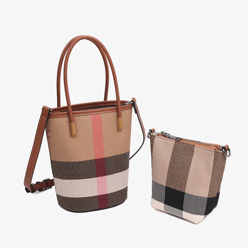 

Women Handbags Lattice Bucket Bag 2024 Fashion Trendy Mini Plaid Tote Shoulder Bag Genuine Leather Cowhide Crossbody Bag