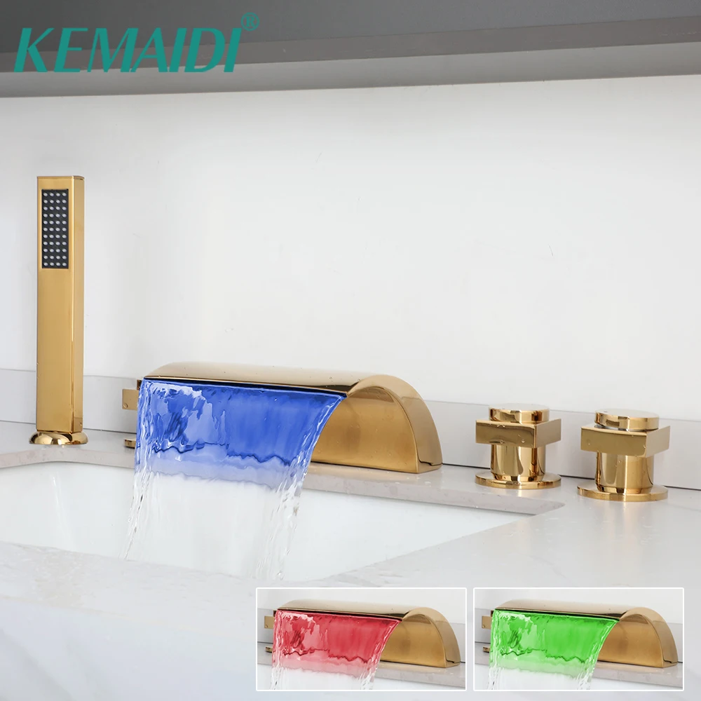 

KEMAIDI Roman Tub Filler LED Waterfall Tub Faucet Gold Deck Mount Bathtub Faucets Brass Bathroom Faucets with Handheld Shower