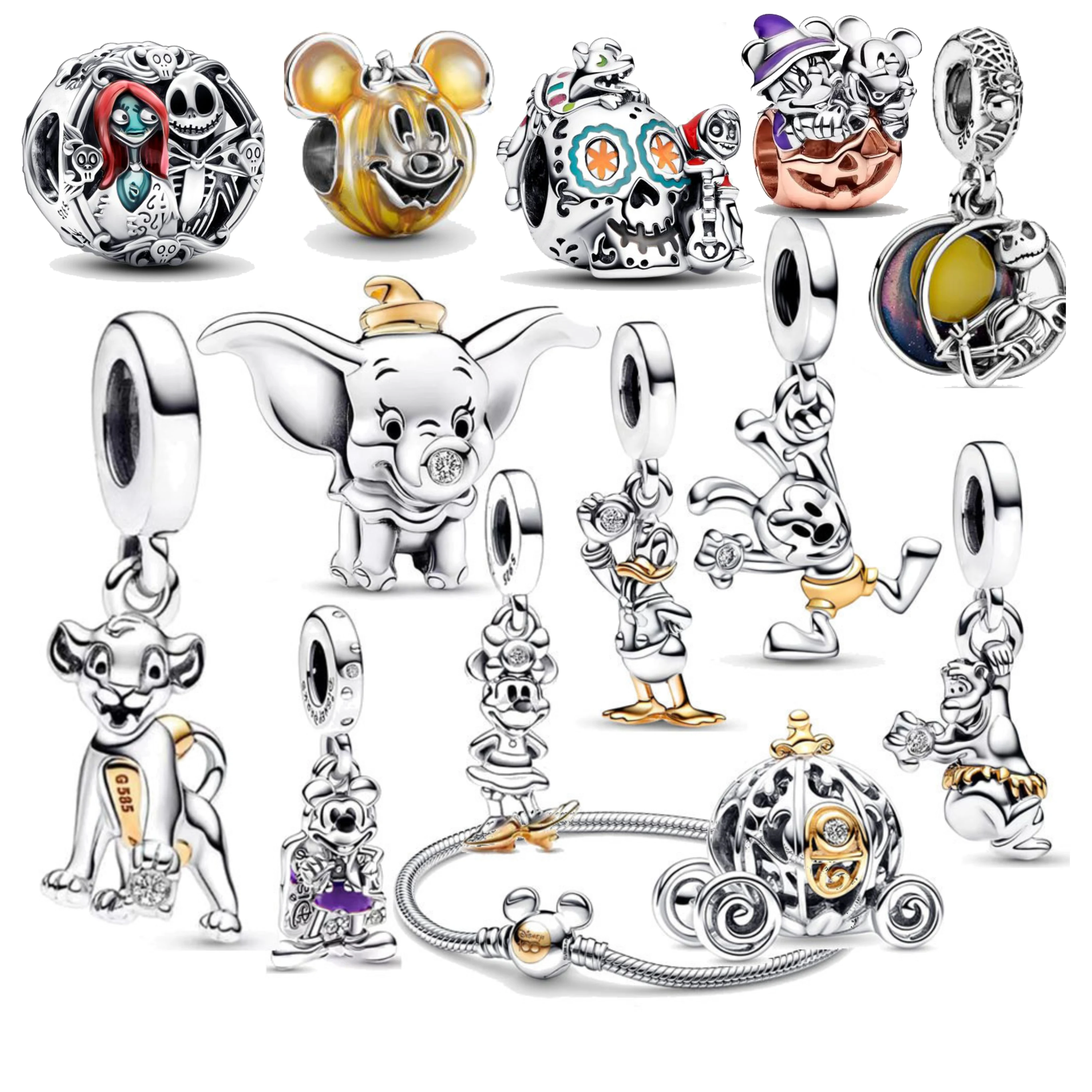 

2023 Aoger Disney 100 Anniversary Mickey Minnie Dumbo 925 Sterling SILVER Halloween Pumpkin Dangle Charm Fit Pandora Bracelet