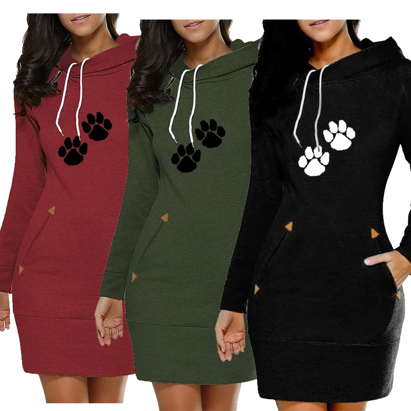 Women Hoodies Dress Cute Cat Paw Printed Spring Autumn Knee-length Dress Hooded Korea Fashion Casual Pocket Female Sweater Dress
Women Hoodies Dress Cute Cat Paw Printed Spring Autumn Knee-length Dress Hooded Korea Fashion Casual Pocket Female Sweater Dress