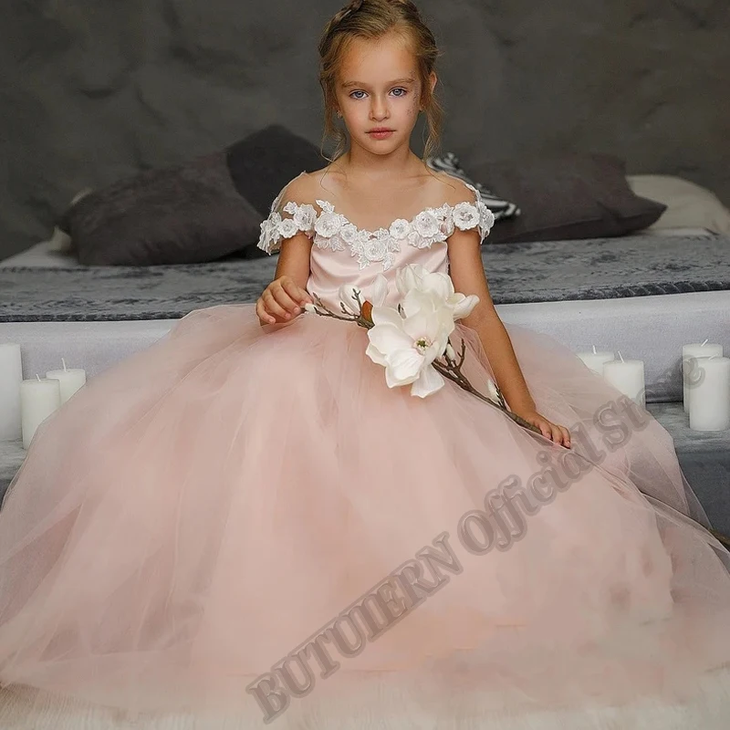 

Light Pink Aline Cap Sleeves Flower Girl Dresses Bow Train Baby Couture Birthday Wedding Party Dresses Costumes Customised