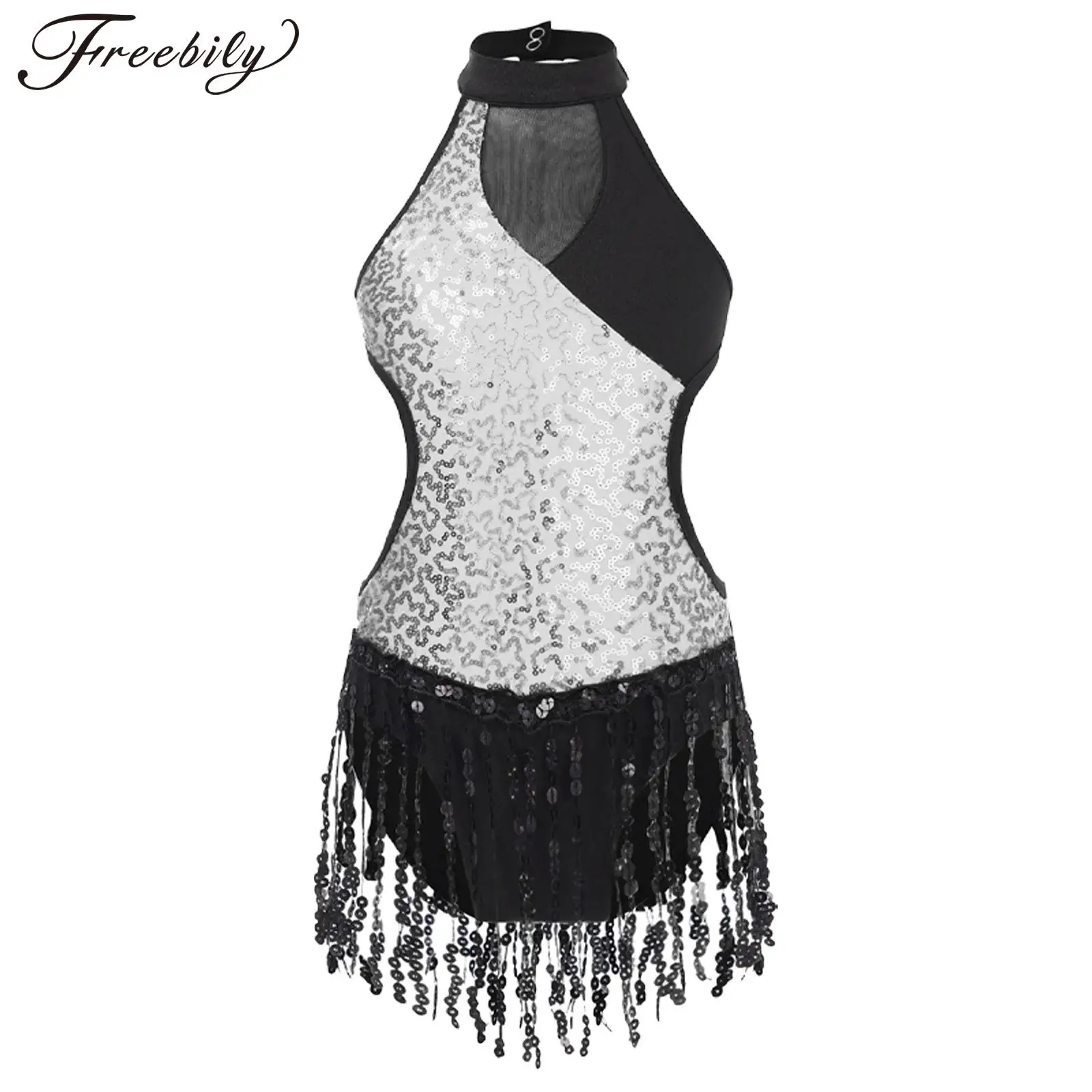 

Kids Girls Latin Dance Leotard Dress Jazz Tango Rumba Cha-Cha Samba Performance Costume Sleeveless Shiny Sequin Fringed Bodysuit