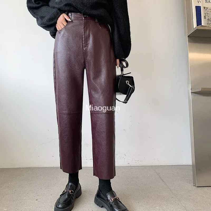 

Burgundy Leather Pants Women's Wide Leg Trousers Korean Style Fashion Loose Pants High Waisted Black Pu Baggy Pants Autumn New