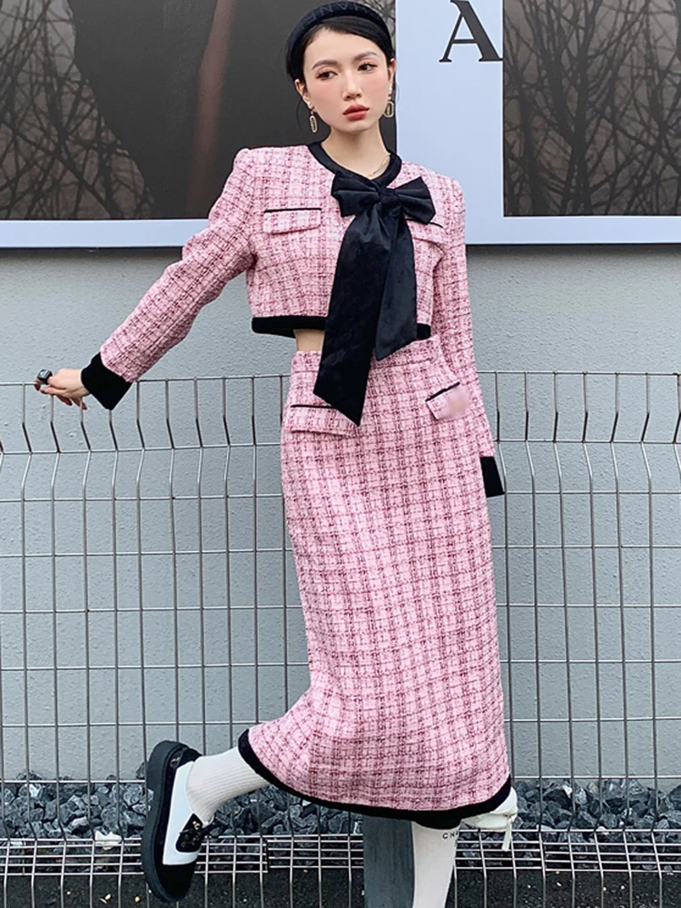 

High Quality Autumn Small Fragrance Pink Plaid Tweed Sweet Suit Bowknot Short Jacket Coat & OL Skirts Two Piece Skirt Set Women