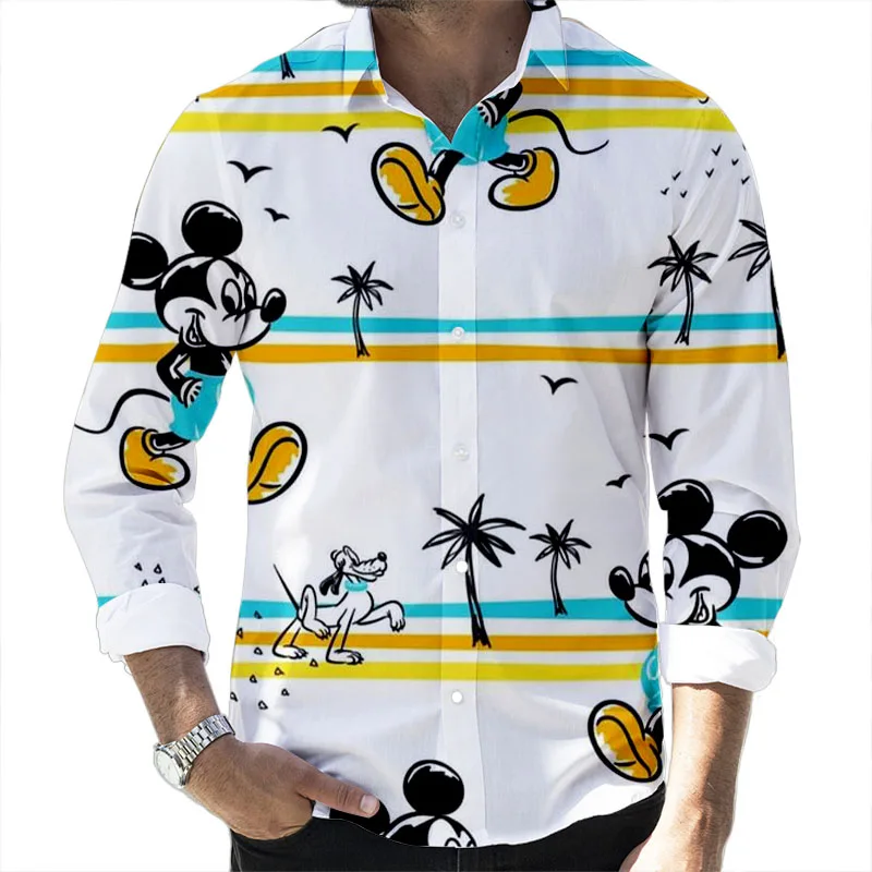 

2024 Spring Harajuku New Mickey Minnie Cartoon Fashion Casual 3D Printed Long Sleeve Lapel Shirt Slim Men's Top