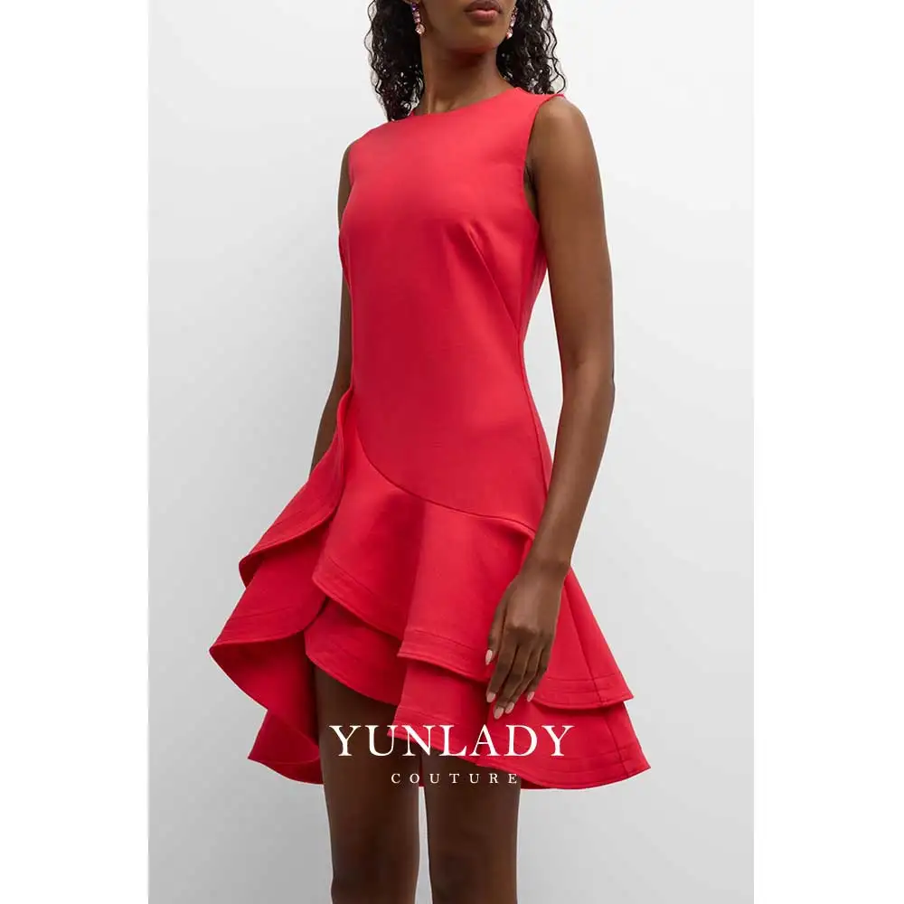 

YUNLAN Saudi Elegant Sleeveless Red Ruffled Evening Gown 2024 Middle East Ladies Engagement Party Guest Round Neck Mini Dress