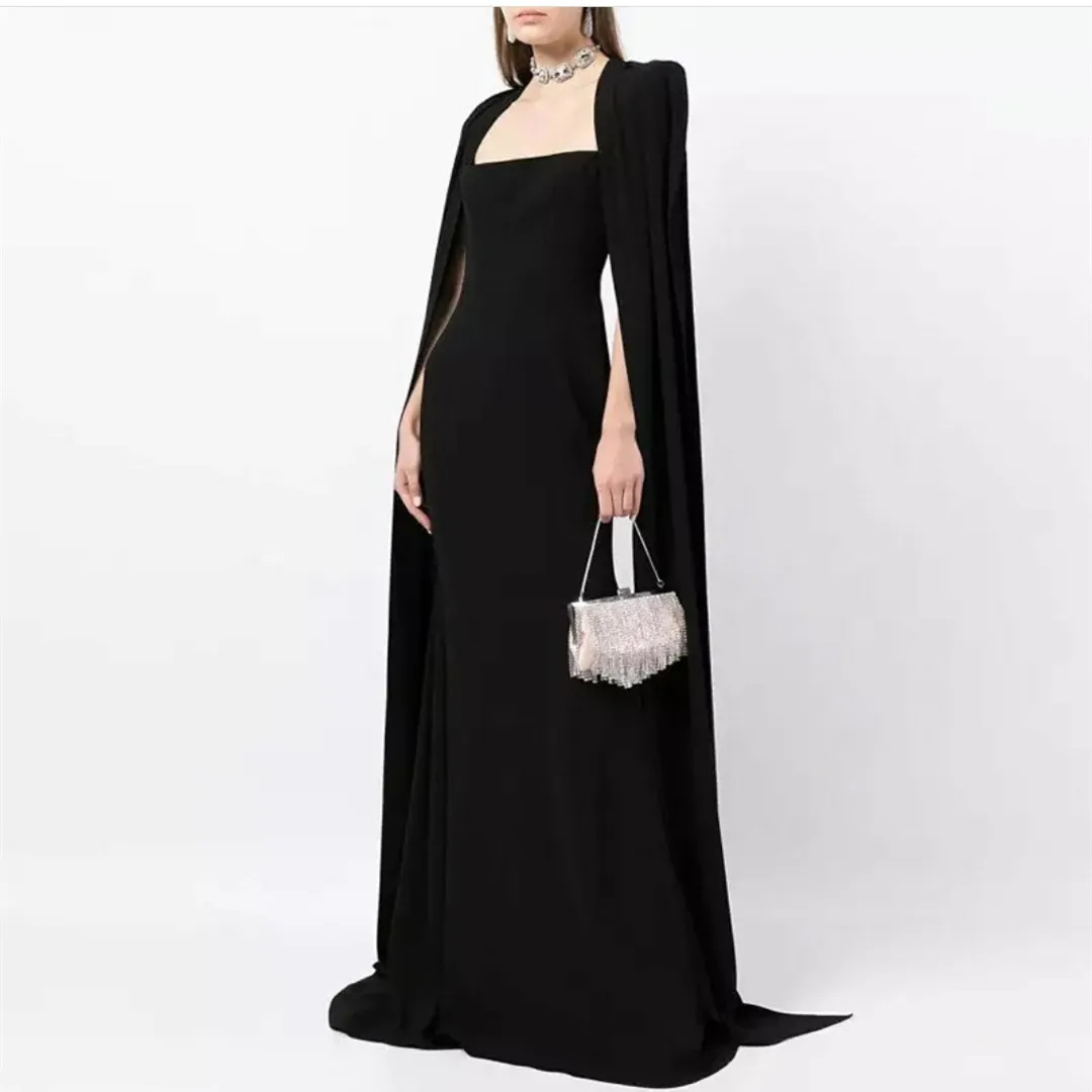 

Elegant Long Square Collar Muslim Evening Dresses With Cape فساتين السهرة Sheath Black Prom Dress Robe de soirée for Women
