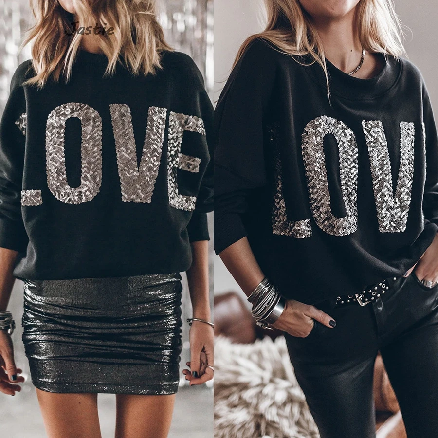 

LOVE Sequin Women's Sweatershirt Autumn And Winter Batwing Sleeve Pullovers Female Fashion Casual Nightclub