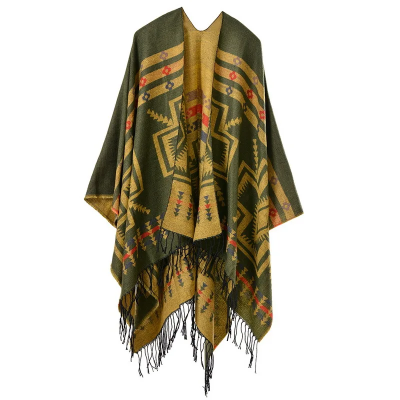 

European American Popular Tassel Thickened Cashmere Like National Style Travel Fork Shawl Scarf in autumn Ponchos Capes P6