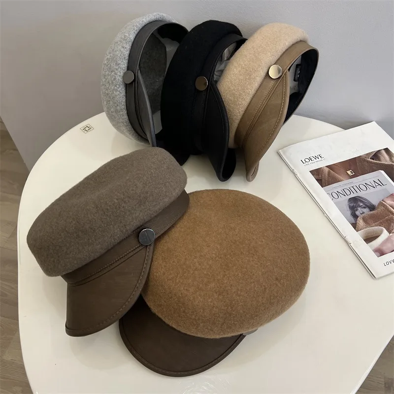

202310-hq-2508677 ins winter patchwork pu brim wool belt japan warm newsboy cap leisure lady Octagonal hat men women visors cap