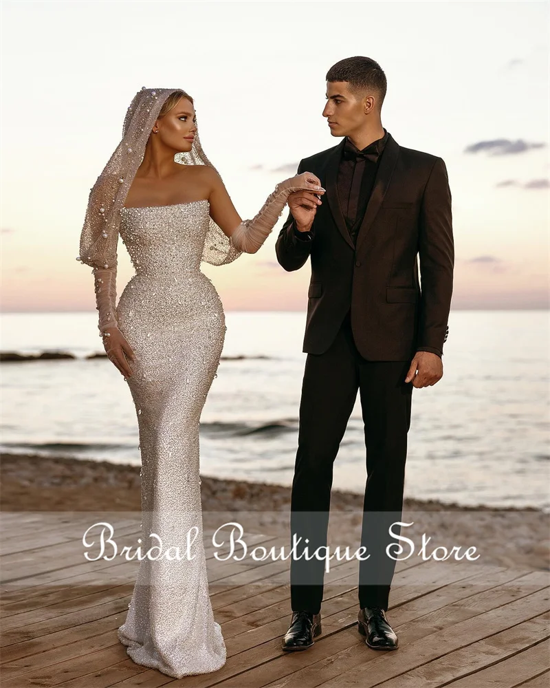 

Luxury Mermaid Wedding Dresses 2024 With Two Gloves Veil Pearls Crystals Beading Bridal Gown Vestido De Novia Custom-Made