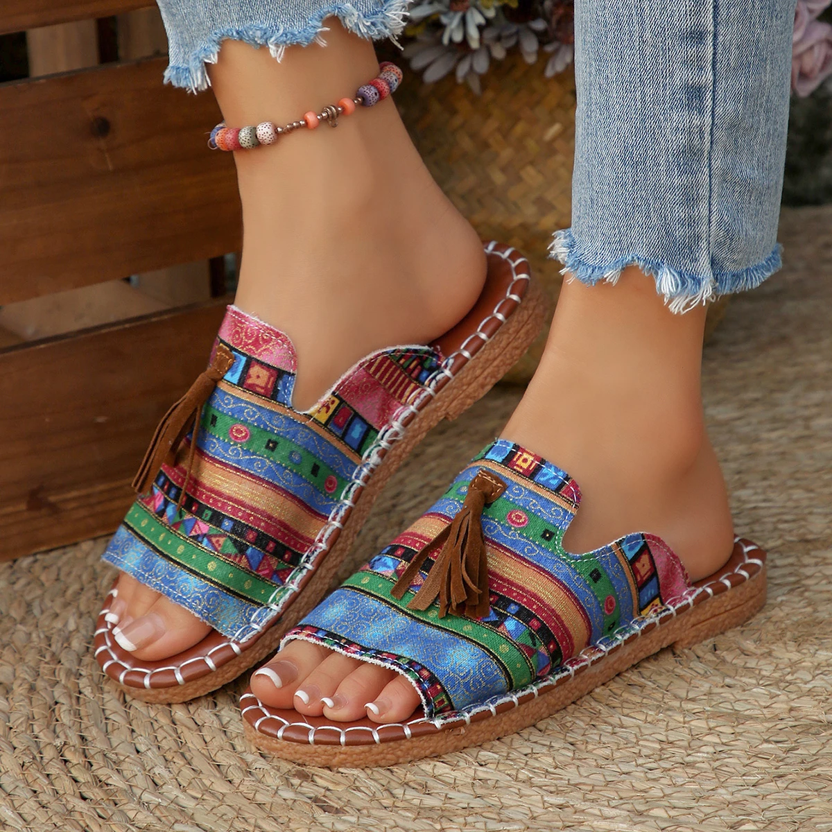 Comfortable Open Toe Slides for Women, Tribal Pattern with Tassel, Boho Casual Footwear 21 S20b3ba4437cf45fdbfe78ae0ab314d8bj