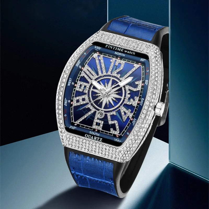 Fashion Men's Diamond Watch Wine Barrel Thin Dial Waterproof Leather Belt Hand Clock Retro Hip Hop Style Quartz Wristwatch
Fashion Men's Diamond Watch Wine Barrel Thin Dial Waterproof Leather Belt Hand Clock Retro Hip Hop Style Quartz Wristwatch