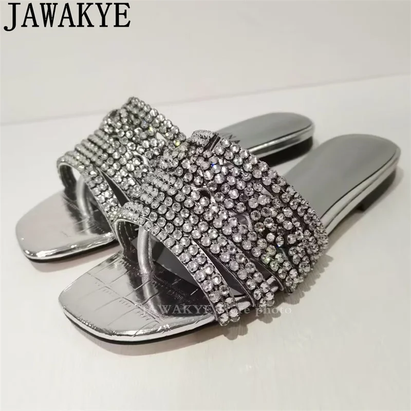 

Ethnic Style Crystal Flip Flops Mules Slippers Woman Classic Luxury Bling Bling Rhinestone Flat Sandals Summer Beach Dress Shoes