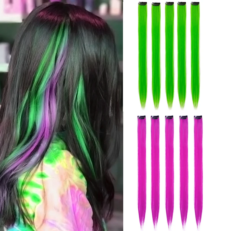 

10PC Straight Ombre Colored Clip In Hair One Piece Long Synthetic Rainbow 22Inch Party Highlight Extensions For Women Kids Girls