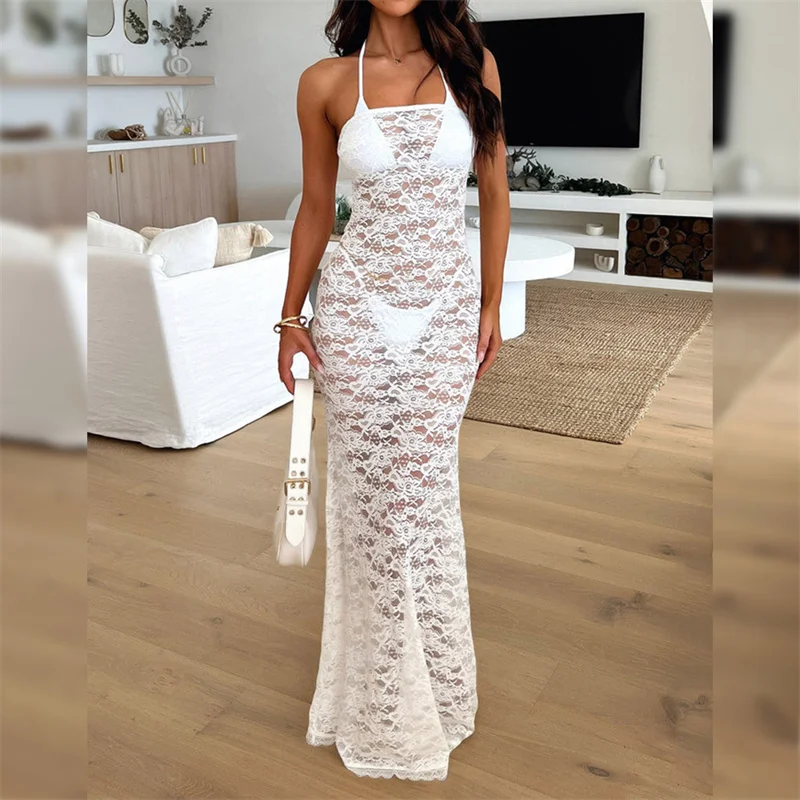 

Sexy Lace See Through Maxi Dress Strapless Off Shoulder Summer Spring Women Clubwear Party Body-Shaping Elegant Vocation