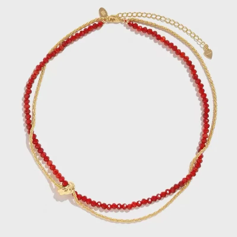 

LONDANY necklace New Year Gift Red Agate Beaded Necklace Double Layer Wrapped Pearl Natural Stone Necklace Bracelet for Women