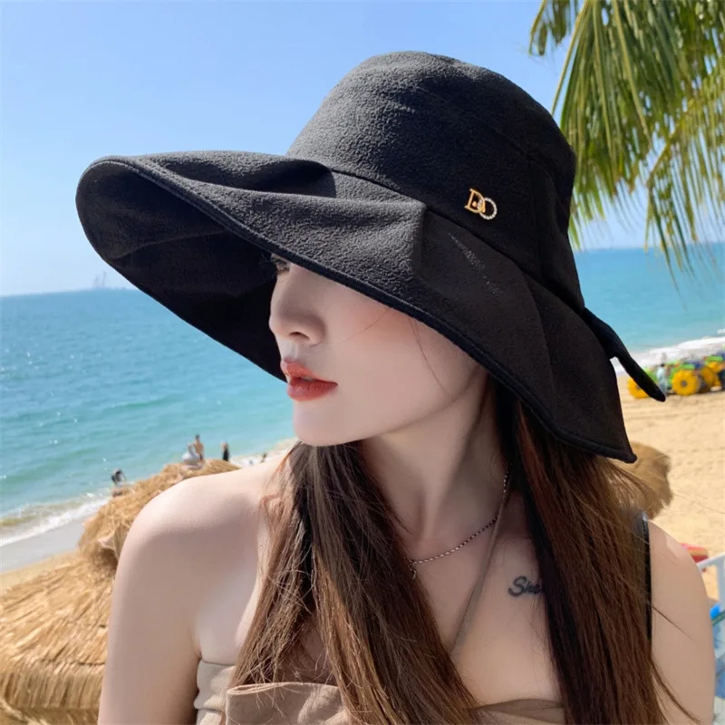 

Korean new style sun hat for women in summer, bowknot large brim UV-proof sunshade hat, collapsible fisherman hat
