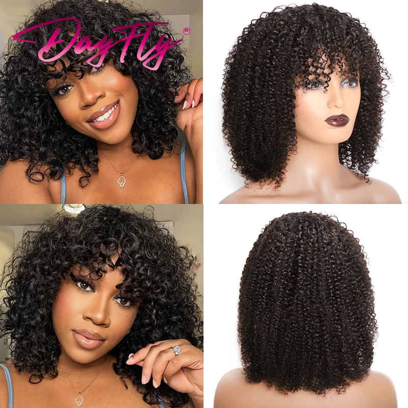 

Curly Human Hair Wig with Bangs for Women Short Kinky Wig Brazilian Hair Curly Bob Wig Full Machine Made Glueless Ready to Wear