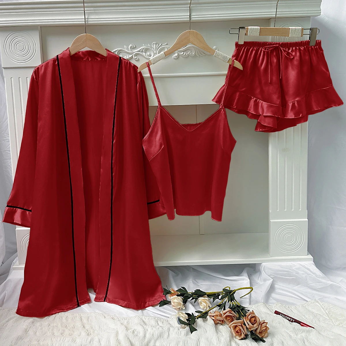 

Пикантный атласный Шелковый женский халат, однотонные полосатые Роскошные ночные рубашки на шнуровке, домашняя одежда, короткие дышащие женские пижамы, 3 шт.